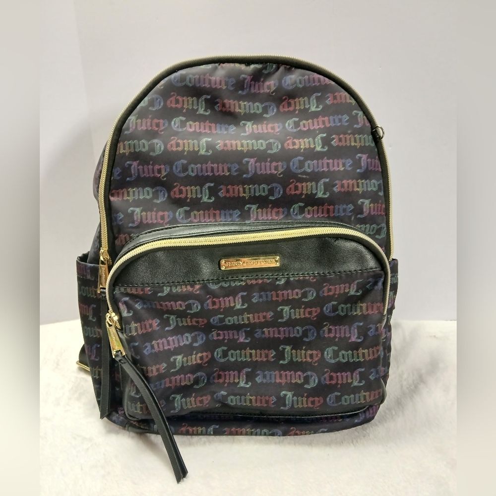 Juicy Couture Womens Backpack Black Mutli Color Lettering With Gold‎ Tones